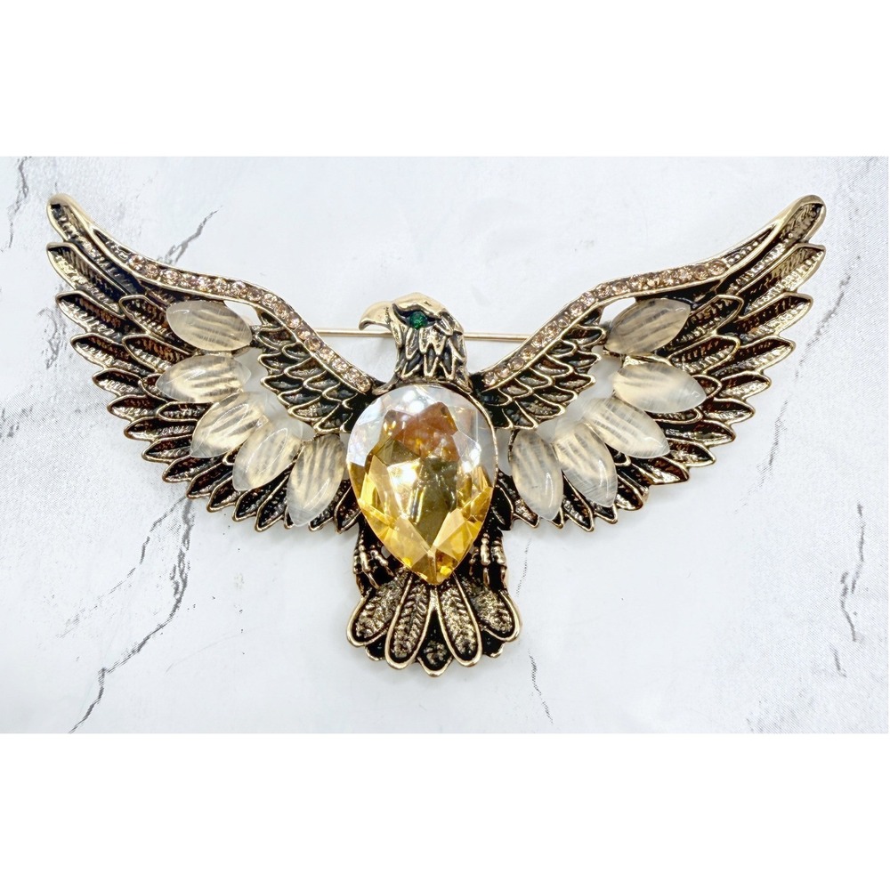 Eagle Brooch Pendant Gold Tone Rhinestone Statement Bird Jewelry 3"